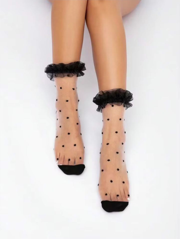 Women’s Sheer Polka Dot Ankle Socks with Lace-Up Cuff – Tan & White
